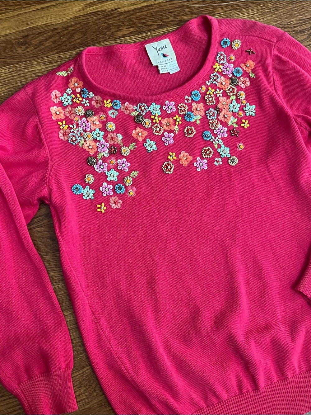 Yumi beaded floral sweater 2 4 hot pink coquette knit top
